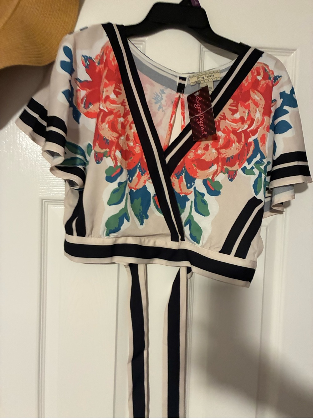 Flying Tomato White Crop Top with Coral Floral and Navy Trim
